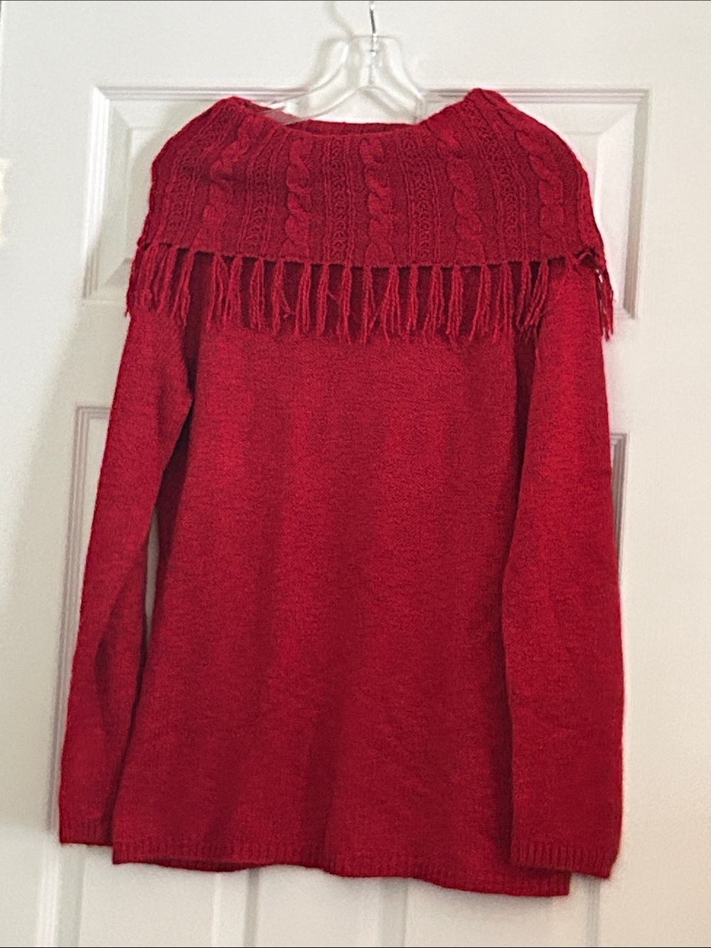 Christopher & Banks Red Off-Shoulder Fringe Cable-Knit Sweater